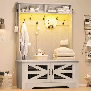 43.3 Inches Hall Tree with Bench and Shoe Storage Embossed White