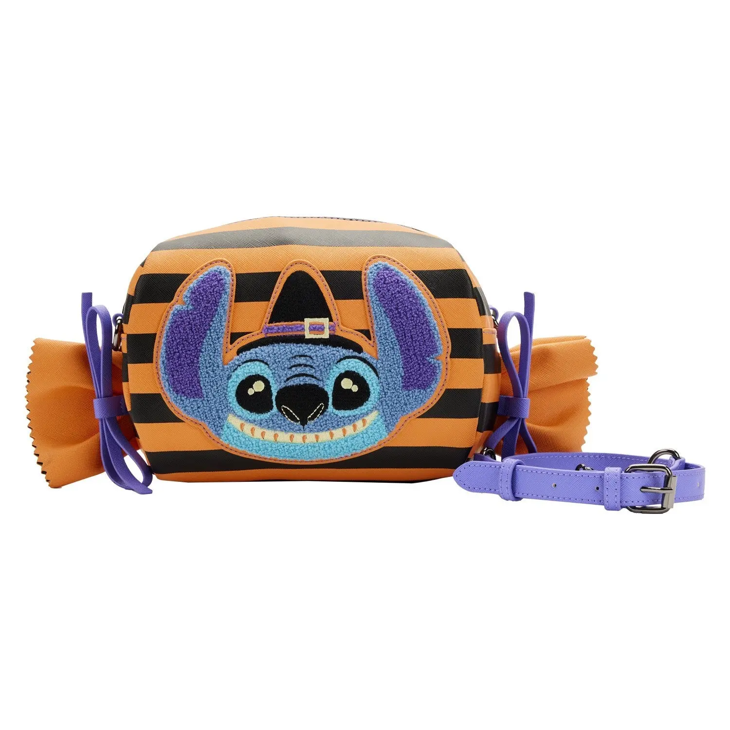Lilo & Stitch Striped Halloween Candy Wrapper Crossbody, Crossbody Leather Bag, Vegan Leather, Festive, Metal Hardware, Polyester, Ribbon Accents, Holiday