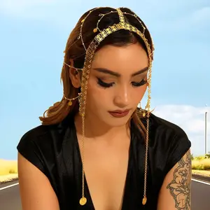 Afghan Wedding Head Jewelry Golde Color Coin Sequin Crystal Chains Tassel Indian Bridal Head Chain Hair Accessories