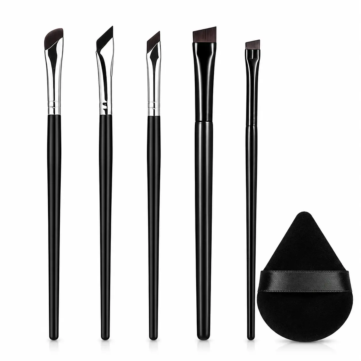 5PCS Eye Makeup Brush Set with 1 Triangle Puff – Precision Angled Eyeliner, Eyebrow & Eyeshadow Brushes for Smooth, Detailed Makeup Application
