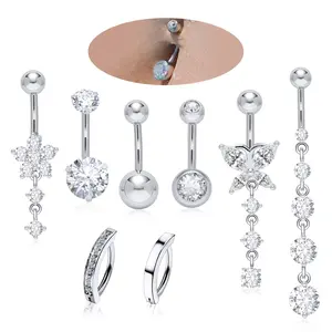 8pcs Belly Button Ring Dangle Stainless Steel Belly Rings 14G Belly Button Piercing Cute Navel Ring Belly Piercing Jewelry Silver Gold Pink