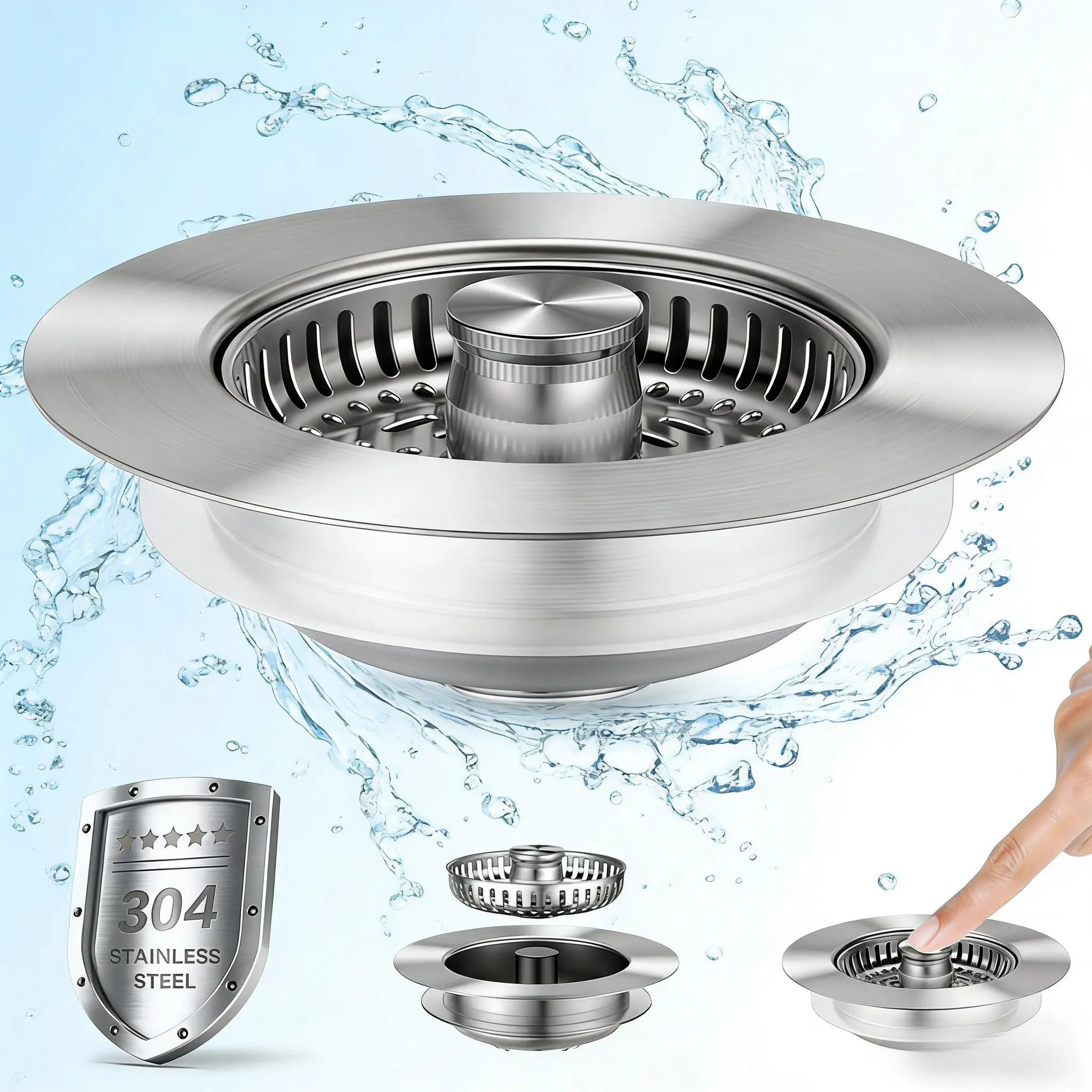 3-in-1 304 Stainless Steel Sink Drain Strainer Filter Stopper, Anti-Clog Deodorizing Plug for 3-1/2 in US Drains, Sink Drain Stopper, Filters