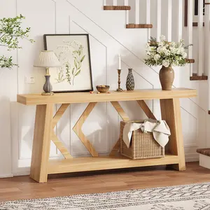 71 Inch All Wood Console Table Ultra Stable Trapezoid Leg Sofa Table Behind Couch 2 Tier Extra Long Entryway Table for Hallway Living Room Narrow Foyer, Multiple Colors