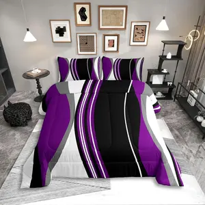 Feelyou Purple Black Abstract Bed Comforter Set - Grey Modern Geometric Striped Duvet Quilt Set, Contemporary Art Boho Bedding Collection for Minimalist Adults, Includes Comforters (Queen Size Option Available)