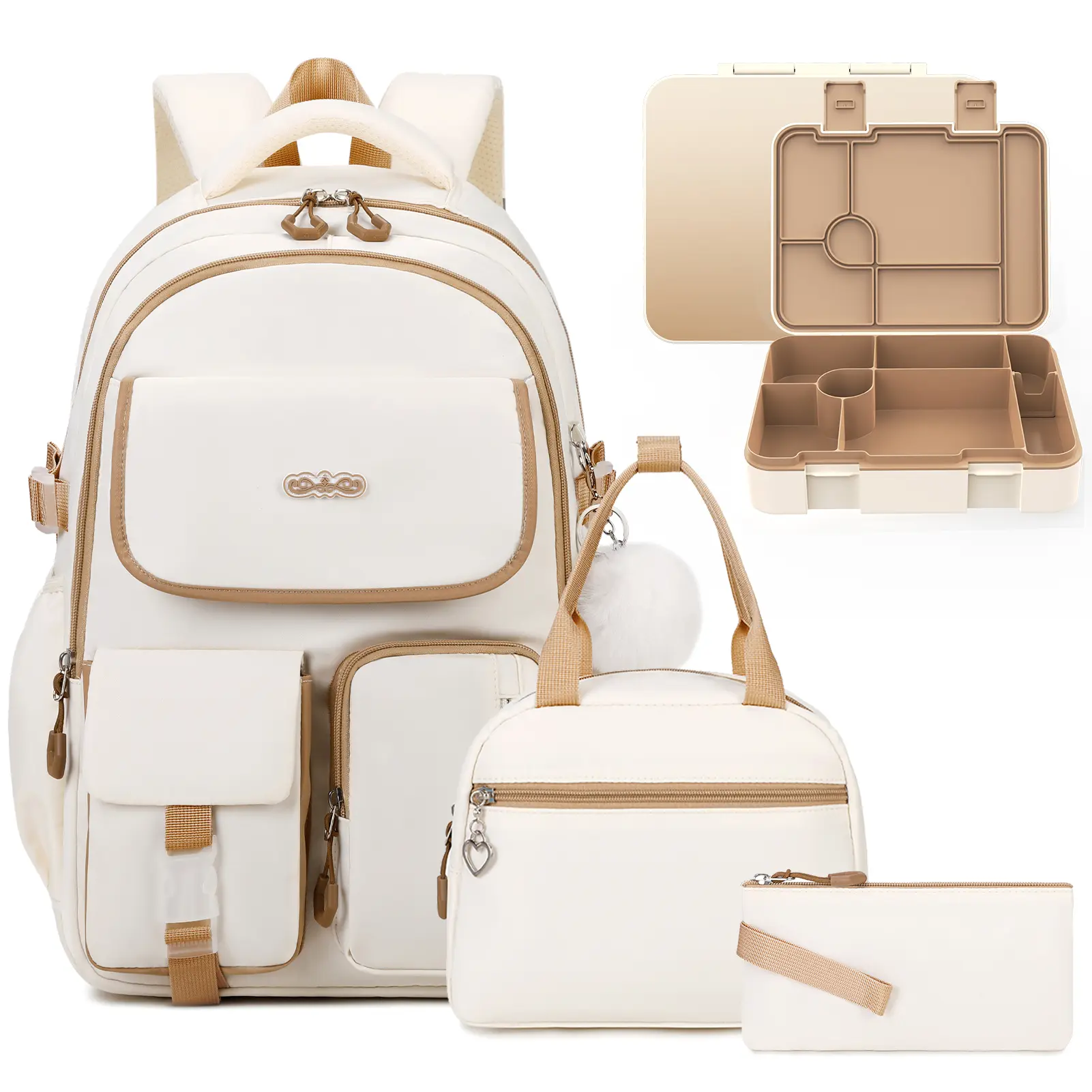 SIMILOVE Kawaii Backpack 4PCS Girls' Set - Back to School Shopping Daypacks with Bento Lunch Box, Lunch Bag, Pencil Pouch, Reflective Strips, Breathable Mesh, 17.7*12.2*7.1in Elementary-Middle School Party Gift Bag