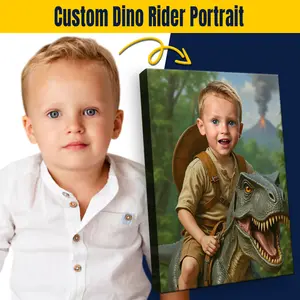 WonderMe The Dino Rider Personalized Portrait Canvas Custom Photo Print for Kids Professional Quality Ready to Hang Imaginative Design with Dinosaur Imagery