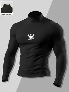 Men's High Neck Compression Shirt, Slim Fit Workout Long Sleeve, Elastic Fabric Design, Sports Functional Clothing for Gym Training/ Casual Wear