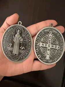 2PCS Set EXTRA LARGE 3 INCH ST BENEDICT RELIGIOUS CROSS MEDAL VINTAGE ETHNIC PATTERN BRASS TONE FINISH Religious Home Decor FOR WALL OR DESK DISPLAY/MEDALLA DE SAN BENITO Ornaments