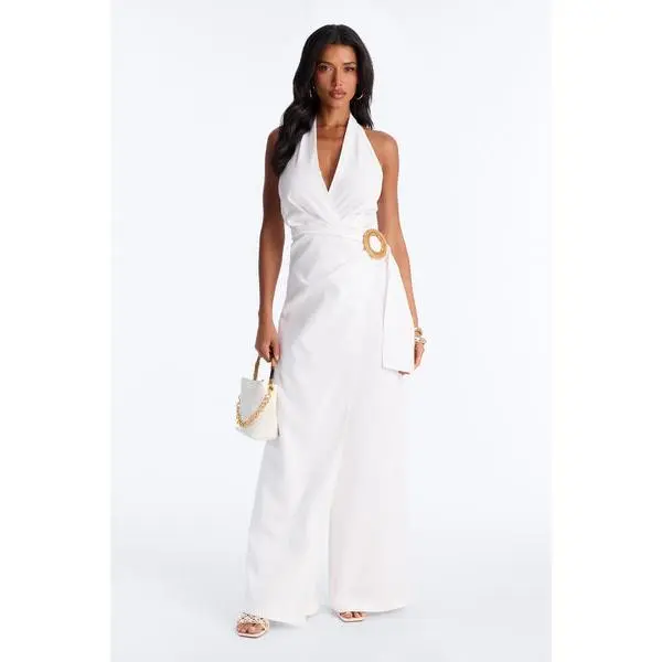 Tara Linen Halter Straight Leg Jumpsuit - White Tara Linen Halter Straight Leg Jumpsuit - White