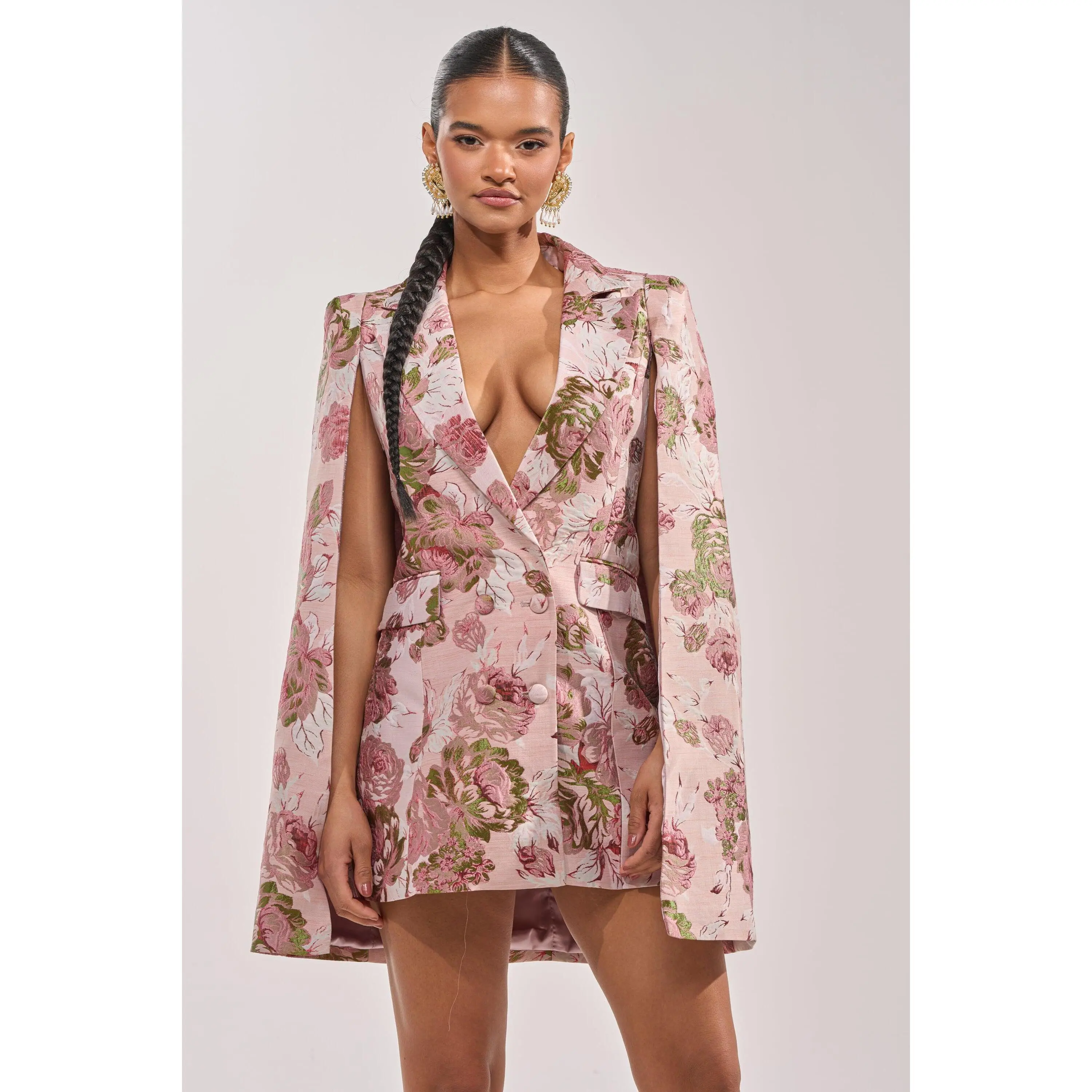 IMANI BROCADE CAPE SLEEVE BLAZER DRESS IN PINK