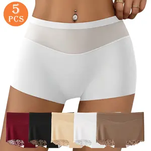 QUASTI 5-Piece Elegant High-Waisted Breathable Lace Women's Boxer Briefs, Seamless Anti-Roll-Up Edges, Lightweight, Soft Fabric, Highly Elastic, Minimalist Mixed Colors Panties, Elegant and Sexy Womenswear, Sizes S-XXL
