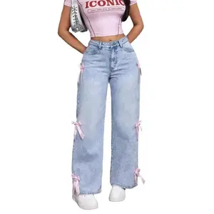 JuanWomen's Elastic Wide Leg Jeans Women Jeans Wide Leg Pants Bow Washed High Waist 2025 Streetwear Denims Distressed Vintage Straight Ankle Length Trousers bib overall High Waisted Capri Yoga Leggings Slim-Fit Skull Embroidered Jeans