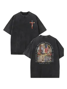 Men's Plus Size Cowl Short-Sleeve Everyday Fit Top - Blessed Is The Nation Whose God Is The Lord Psalm 33:12 Cottage Rose Fence American Flag Washed Graphic Tee, Trendy Streetwear Shirt