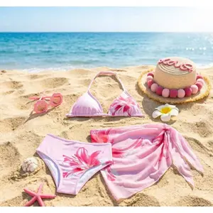 Cute Tween Floral Triangle Bikini Swimsuit Set with Sarong (Print Style Random) Young Girls Sets Swim Suits for Women Bathing Suit Set Bathing Suits for Teens Top Summer Holiday