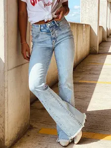 Light Blue Flare Denim Jeans for Spring & Fall, High Waist Slim Fit, Casual Plain Pocket Design, Trendy Edge Detailing, Women's Fashion Pants