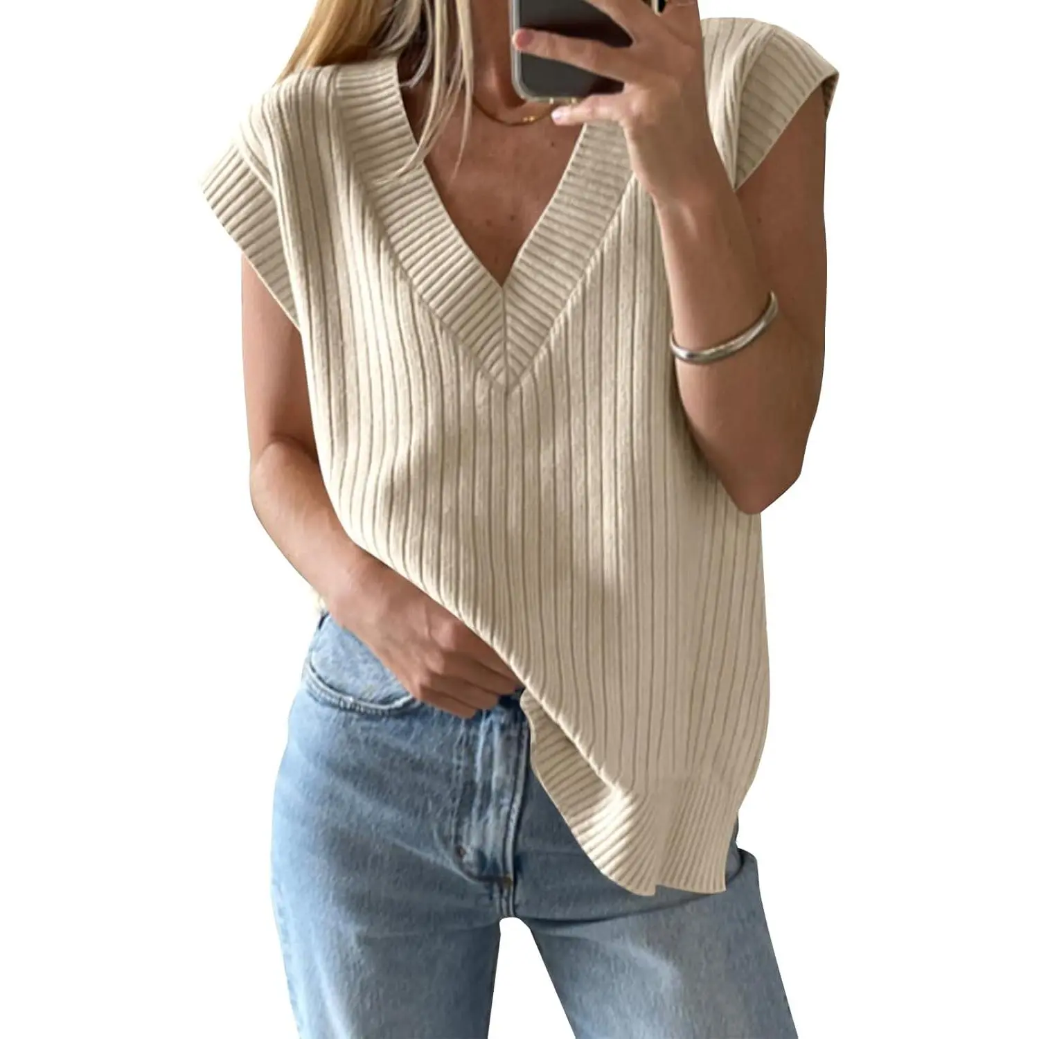 Saodimallsu Women's Deep V-Neck Sleeveless Knit Vest - Oversized, Ribbed, Loose-Fit Pullover Tank Top, Minimalist, Lightweight Knitting Women's Vest for Casual Wear, Basic, Knitting Women's Vests