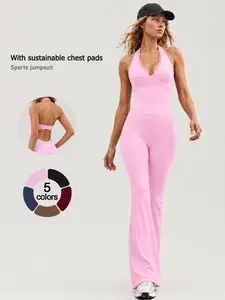 Women's Halter Neck Flared Yoga Jumpsuit, Sexy Lace Open Back Removable Padded Butt Lifting Tummy Control One Piece for Gym Pilates Running