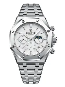 BINBOND Top Brand BO161 Men's Casual Watch Luxury Luminous Stainless Stee| Waterproof Men's Date Calendar Clock，Casual Business Round Dial Quartz Watch for Men, Fashionable Watch, Fashion Watch for Parties and Daily Wear, Trendy Versatile & with Box