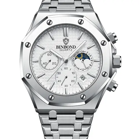 BINBOND BO161 Men's Modern Waterproof Watch, Luminous Stainless-Steel Casual Watch with Date Calendar, Versatile Gift-Boxed Timepiece, Quartz Analog Wristwatch, Quartz Wristwatches
