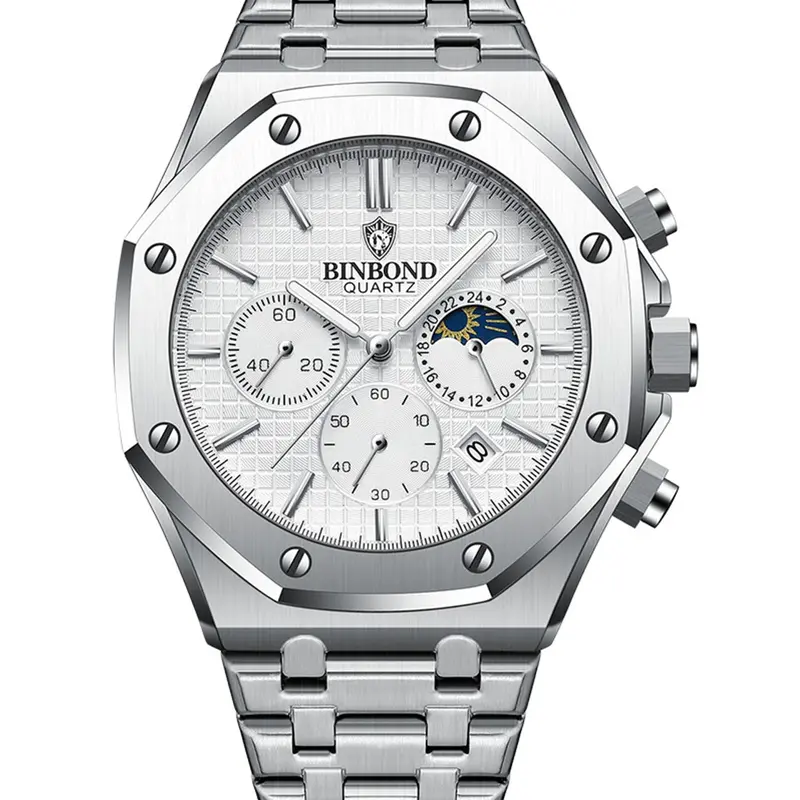 BINBOND BO161 Men's Modern Waterproof Watch, Luminous Stainless-Steel Casual Watch with Date Calendar, Versatile Gift-Boxed Timepiece, Quartz Analog Wristwatch, Quartz Wristwatches