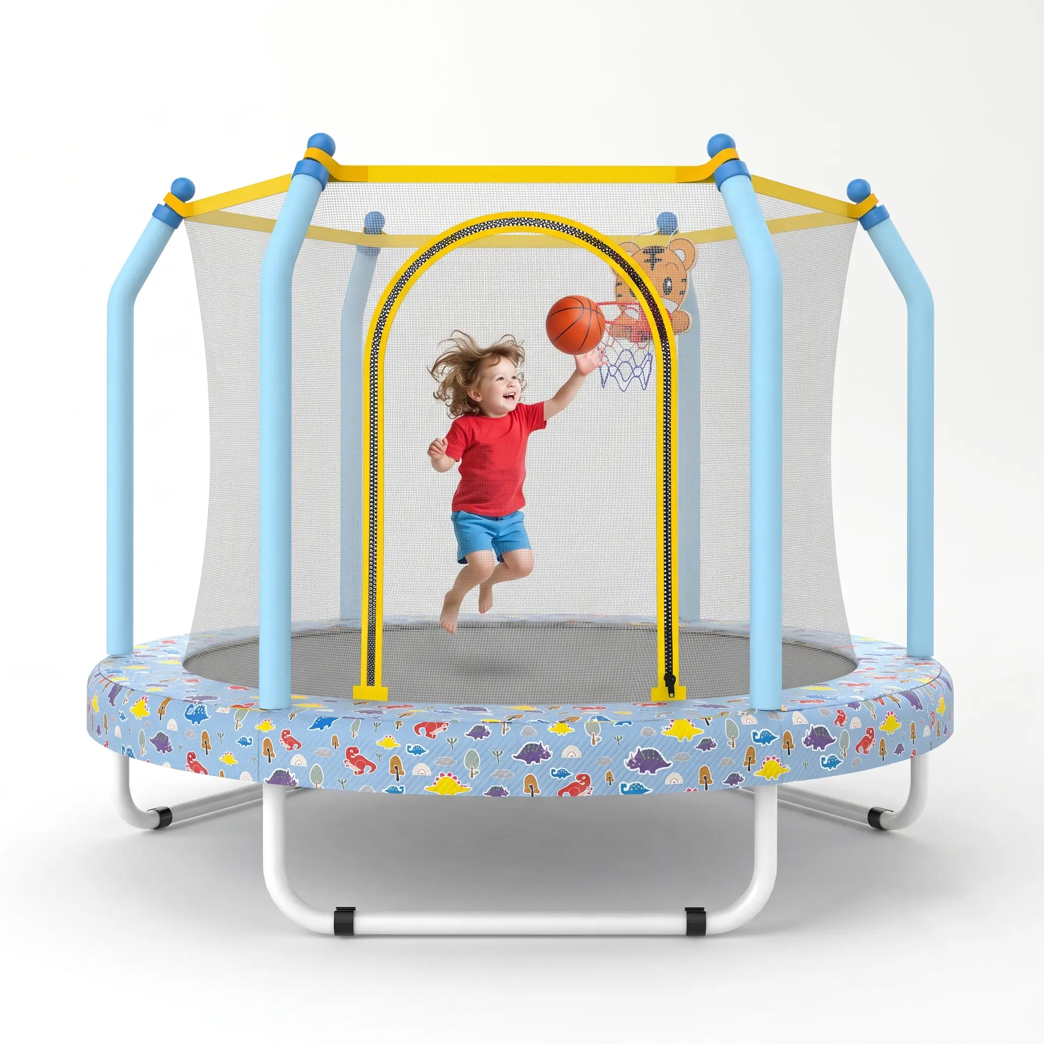 55-Inch High Quality Kids Trampoline with Safety Mesh Net, Foam Padded Toddler Rebounder, 30 Springs, Basketball Hoop for Sports Bounce & Hoops Total Protection, Safety Netting, High Quality Trampoline Net, 55” Diameter, Astm F381-16 Compliant, Bouncing F