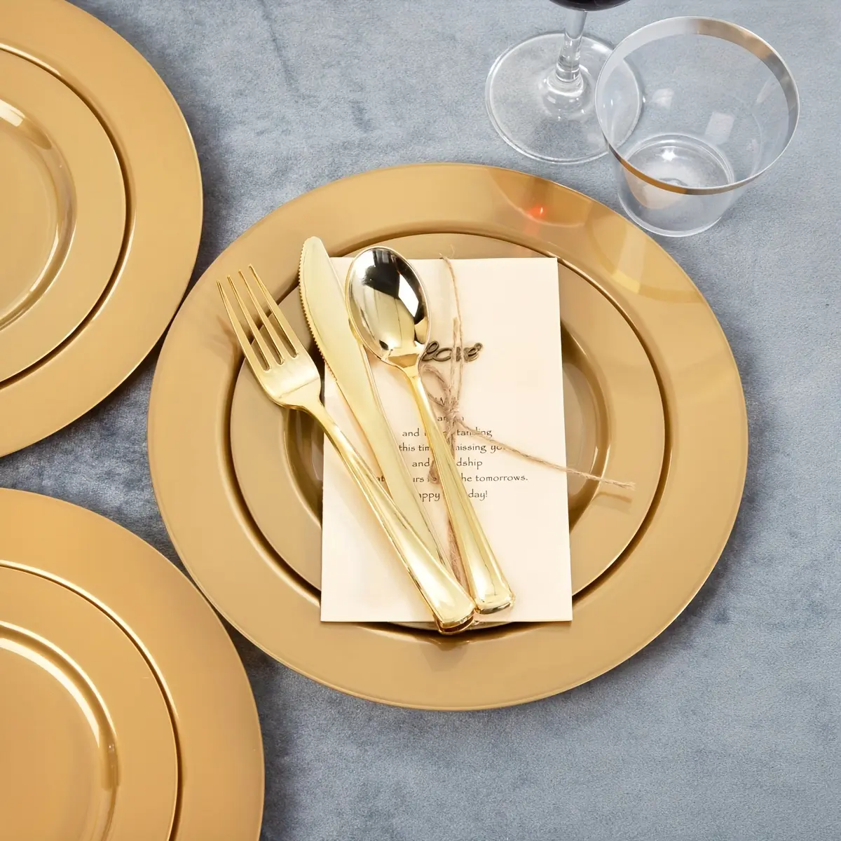 New 180 Pcs Solid Gold Plastic Plates Gold Disposable Plates Gold Plastic Silverware Include: 30 Gold Dinner Plates 10.25 inch 30 Gold Dessert Plates 7.5 inch 30 Fork 30 Knives 30 Spoon 30 Cup for Wedding Party Round
