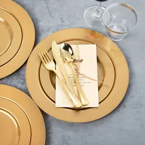 New 180 Pcs Solid Gold Plastic Plates Gold Disposable Plates Gold Plastic Silverware Include: 30 Gold Dinner Plates 10.25 inch 30 Gold Dessert Plates 7.5 inch 30 Fork 30 Knives 30 Spoon 30 Cup for Wedding Party Round