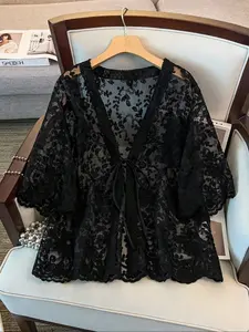 Women's V-Neck Lace-Up Cardigan, Fitted Thin Lightweight Micro-Transparent Vacation Top Shawl Half Sleeve Embroidered Hollow Out Jacket