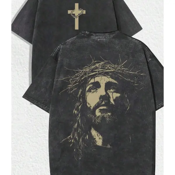 Religious "Jesus With Crown Of Thorns" Graphic Tee: Featuring Distressed Vintage Finish, Front Cross Print Adorned With Crown Of Thorns, Back Artistic Portrait Of Jesus Wearing Crown Of Thorns, Crafted From Breathable 100% Cotton, Perfect For Infus