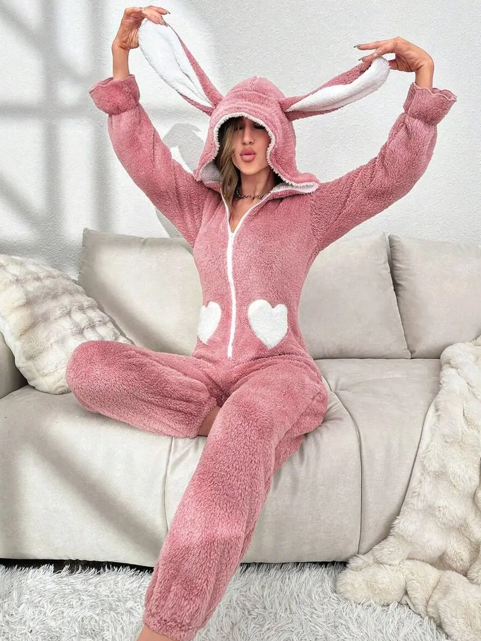 Pink Heart Pattern Hooded Flannel Sleep Jumpsuit with 3D Ear Accents
