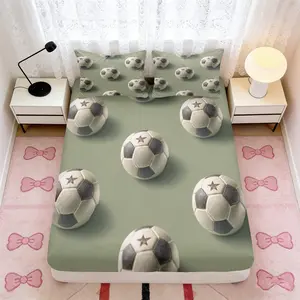 3pcs Star-patterned soccer balls on sage greenbedding set(1*Fitted Sheet + 2*Pillowcase, Without Core)+Soft comfortable and breathable Suitable for bedroom guest room hotel dormitory rooms