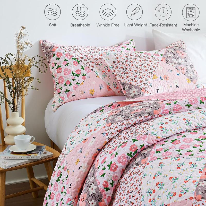 Reversible Patchwork Quilts Full  Size, Lightweight Boho Printed Bedspreads Coverlets Quilt Bedding Set with 2 Pillow Shams for All Seasons, Pink