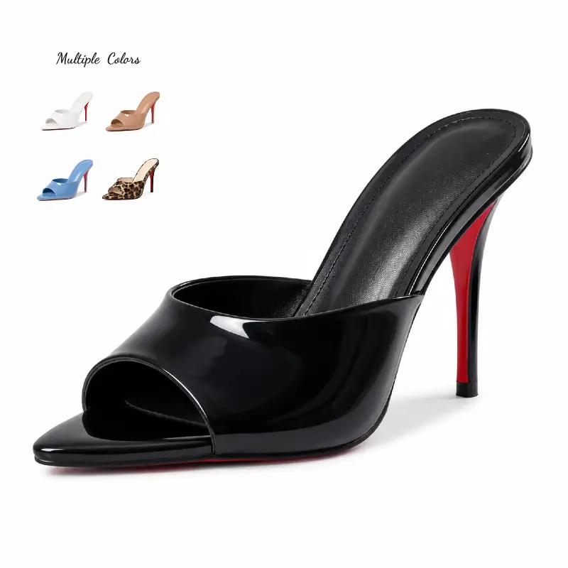 Custom Made Black Patent Leather Open Toe Mule High Heels For Women Stiletto Slip On Backless Heeled Sandals Elegant Dressy Footwear For Evening Party Date Night Wedding Guest Cocktail Club Holiday Night Out