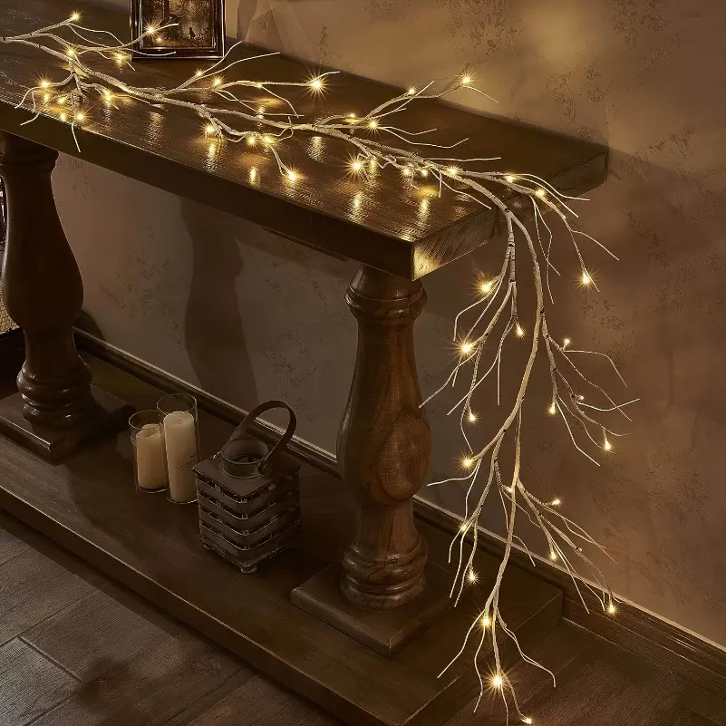 1pc White Pre-Lit Birch Garland With 48 LED - Durable Plastic Twig Vine Lights - Ideal For Home Indoor Christmas Decor, Fireplace Mantel, Table Centerpieces Holiday Party Decorations