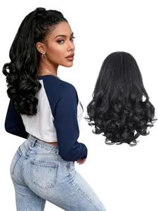 Long Black Curly Synthetic Ponytail Extension, 16" Yaki Soft Heat-Resistant Fiber Drawstring Ponytail, Natural Wavy Hairpiece for Women Daily & Party Wear