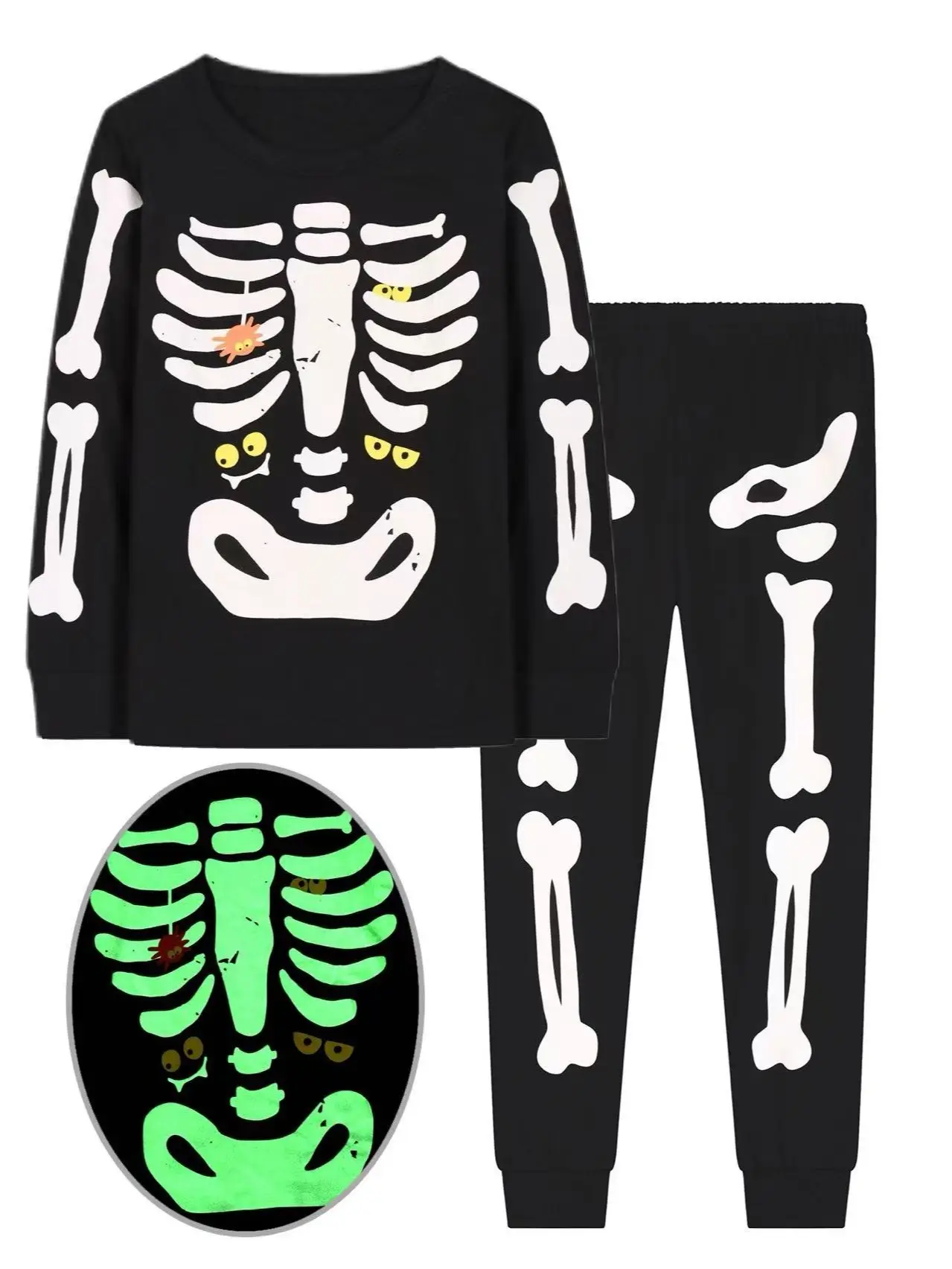 Halloween Pajamas for Boys, 2-Piece Luminous Snug Fit Long Sleeve Shirt and Pants Set with Skull Graphic, Pajama Clothes, Snug Fit Pajamas