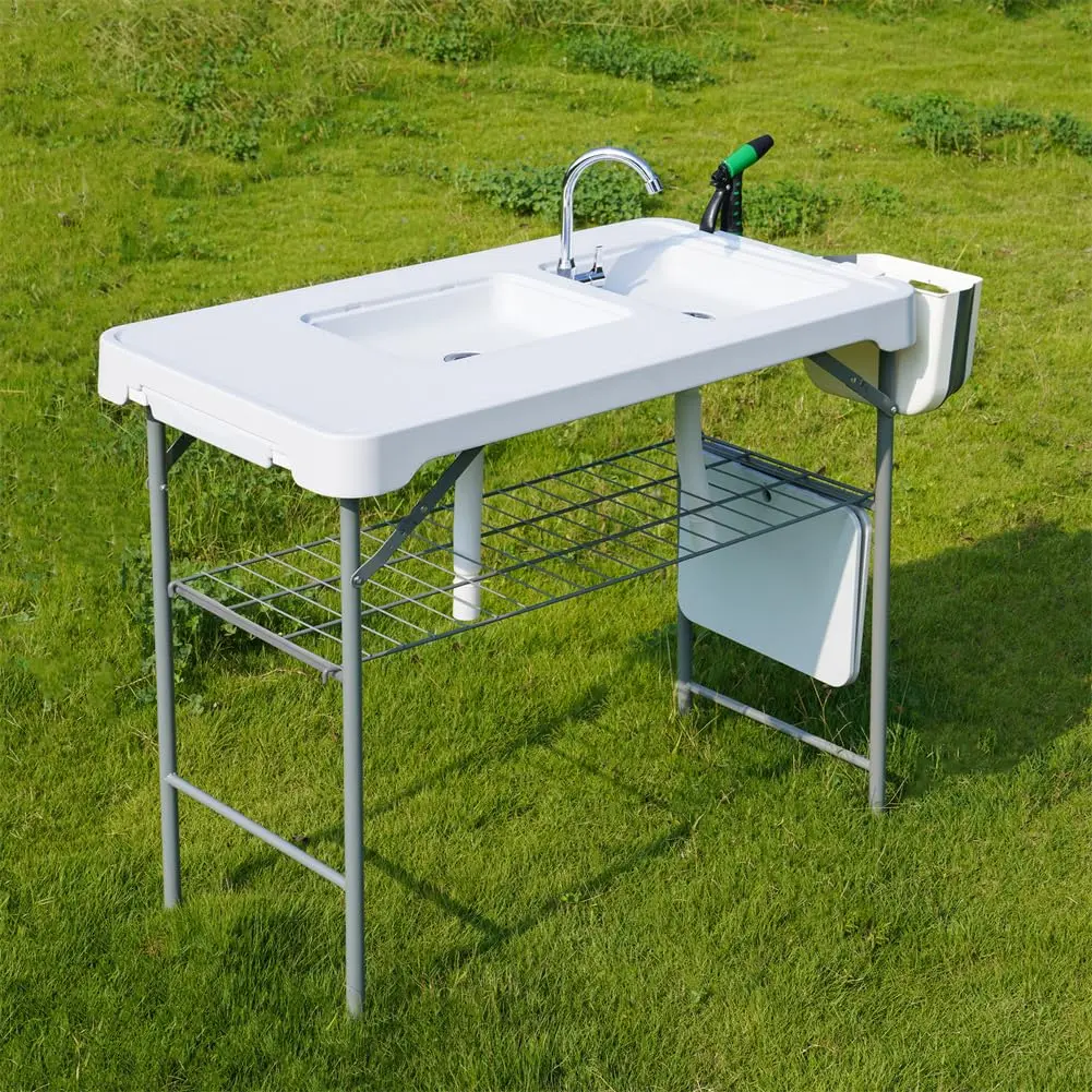 Portable Folding Fish Cleaning Table (Picnic, Camping Collapsibles), Heavy-Duty Outdoor Fillet Station with Built-In Washbasin, Collapsible Faucet, Sprayer, Drainage Hose, Storage Box, Knife Slots, Ideal for Patio, Lawn, Picnic Folding Table, Outdoor Furn
