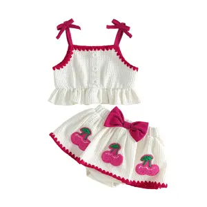 Toddler Girls' 2-Piece Summer Gift Set, Waffle Knit Ruffle Cami Top + Cherry Applique Dress Romper, Cute Summer Outfits for Baby Girls