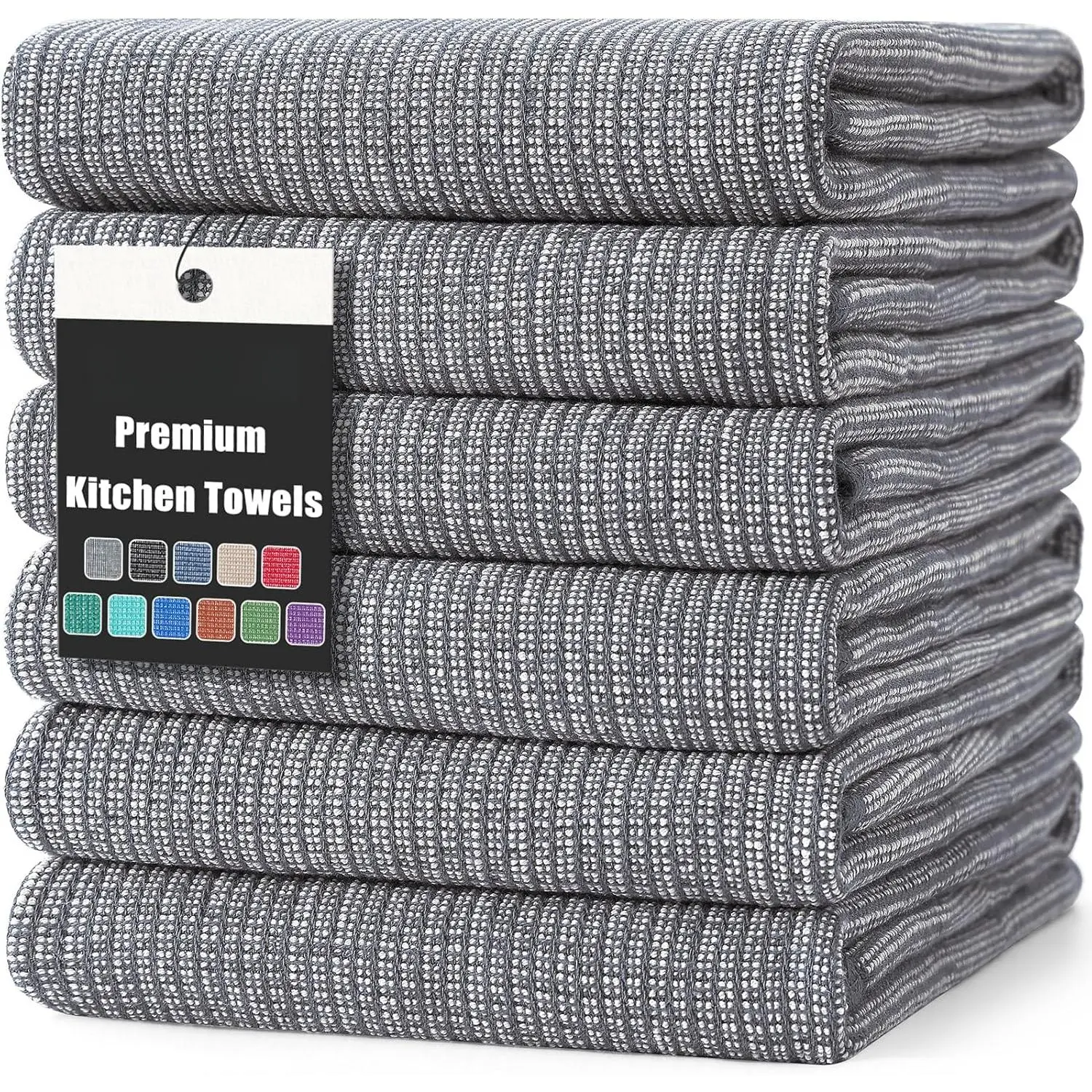 Premium Kitchen Towels (6 Pieces x 18inch x 28inch Large Cotton Kitchen Towels, Flat Towels and Hand Towels, 380 GSM High Absorbency Tea Towel Set with Bracelet, Gray)