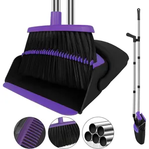 Broom with Dustpan Combo Set, 51" Household Dustpans and Broom, Standing Dust Pan Set for Home Purple Cleaning Set for Kitchen Lobby Indoor Outdoor