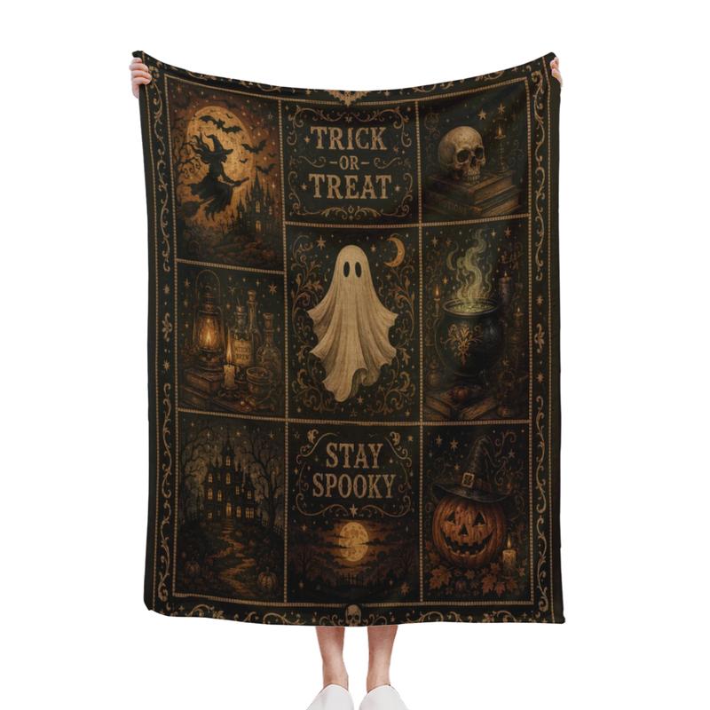 Halloween Vintage Patchwork Flannel Fleece Throw Blanket, 30x40 in, Ghost & Black Cat Design, Trick or Treat Stay Spooky Themed Spooky Gift for Bedding & Linens