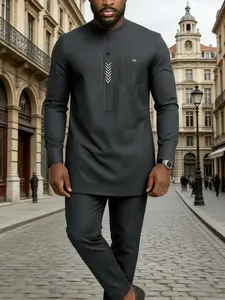 Men's Dashiki Set, Street Style, Round Neck, Long Sleeve, Embroidered, Pockets, Buttons, Split Hem + Drawstring Waist Pants