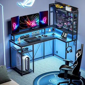 WASAGUN SZLP-001 L Shaped Desk with Reversible Monitor Stand & Hutch, Computer Gaming Desk with LED Lights & Power Outlets, Home Office Corner Desk with Storage Shelves