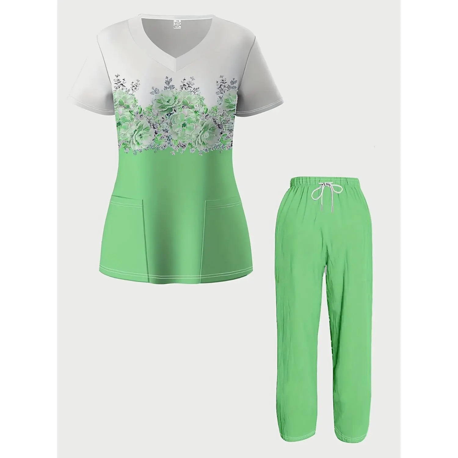 Women's Plus Size 2-Piece Scrubs Set - V-Neck Top & Elastic Waist Pants, Breathable, Ideal for Medical Professionals, All-Season Wear