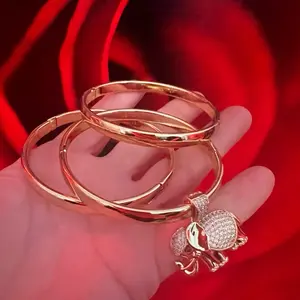 14k Gold Plate Elegant Bangles Set with Pendant Size 7 - Gold-Tone Fashion Jewelry for Women