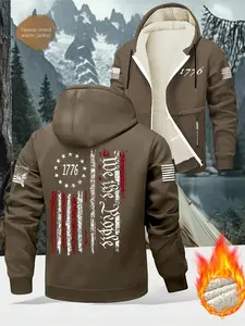 Men's Winter High-Quality Fleece Lined Hoodie Jacket, Fashion Simple Fishing Flag Print, Zipper Pocket Design, Soft Comfortable Warm Inner Layer