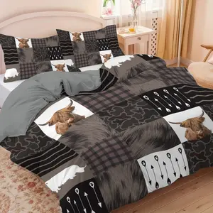 3PCS Highland Cow Abstract Geometric Pattern Decorative Duvet Cover Set, Includes 1 Duvet Cover & 2 Pillowcases, Soft Comfortable Fabric, No Filling, Suitable for Bedrooms, Hotels, School Dormitories，Perfect Gift for Highland Cow Lovers