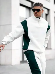 Men's Colorblock Zip Up Drop Shoulder Sweatshirt, Regular Fit Casual Long Sleeve High Neck Pullover for Fall & Winter, Half Zip Pullover, Men's Clothes for Daily Wear