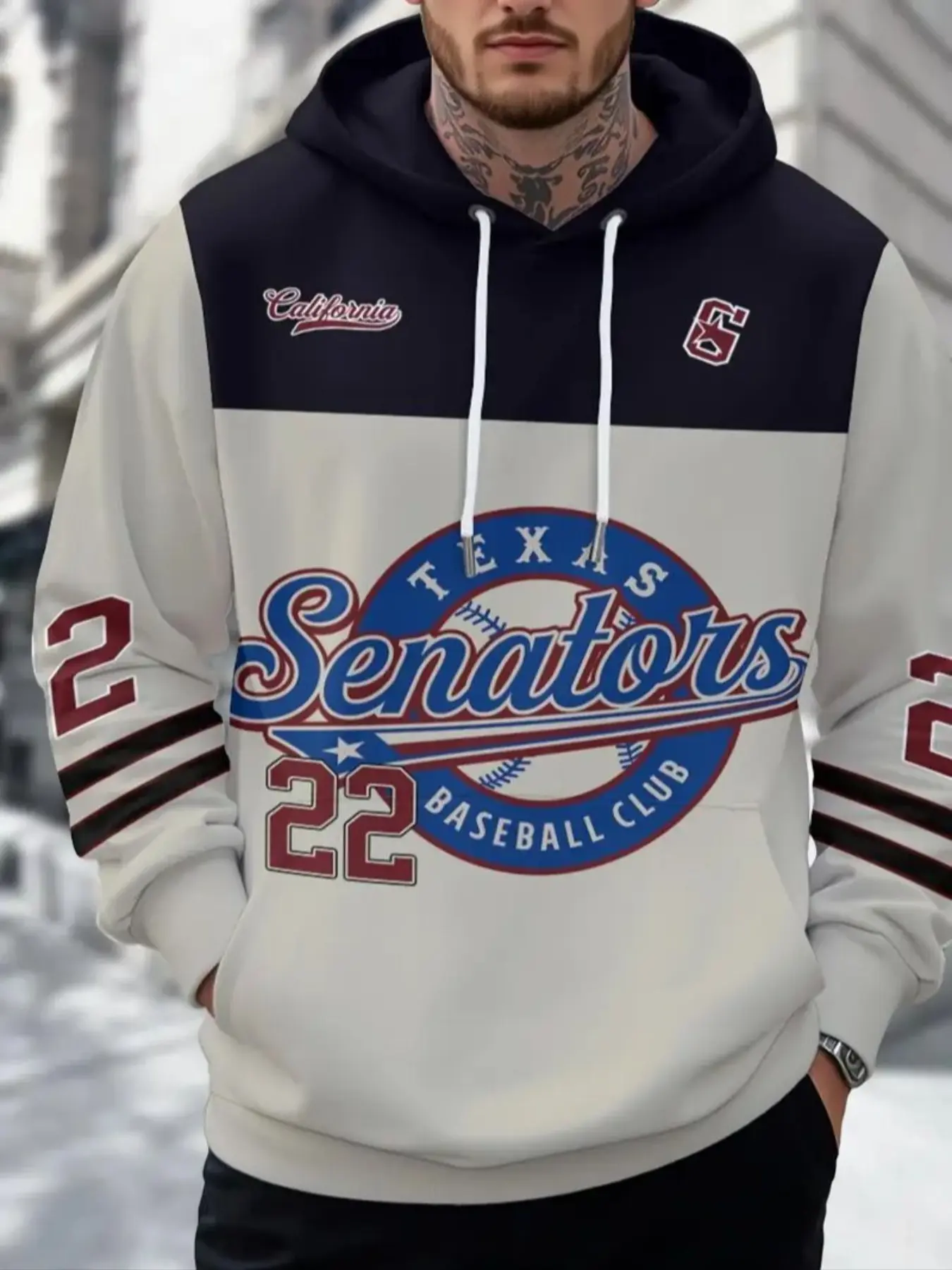 Men's Hooded Sweatshirt Texas Baseball Club Print Blue Patchwork Long Sleeve Casual Fitted Sportswear Lightweight Comfortable Fabric Graphic Print Hoodie All Season Pullover