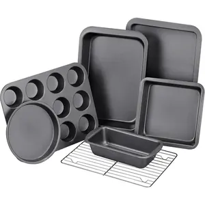 Baking Pans Sets, Nonstick Bakeware Sets 7-Piece with Round/Square Cake Pan, Loaf Pan, Muffin Pan, Cookie Sheet, Roast Pan, Cooling Rack, Carbon Steel Bake Set